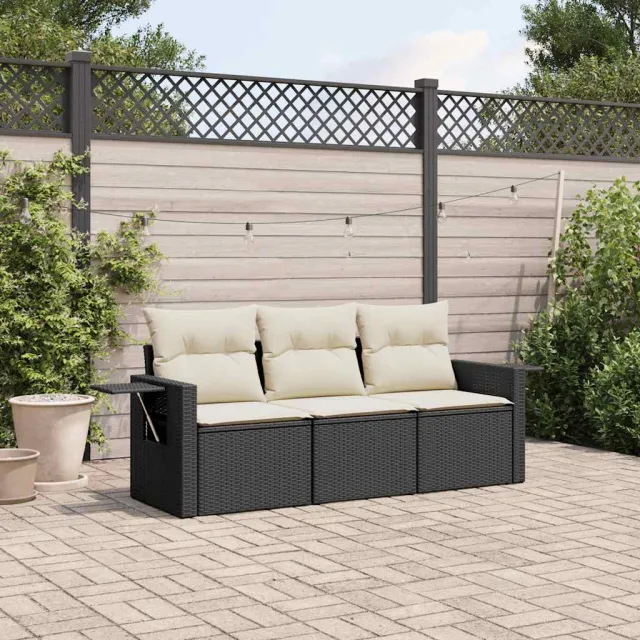 vidaXL 3-delige Loungeset met kussens poly rattan zwart, foto 2