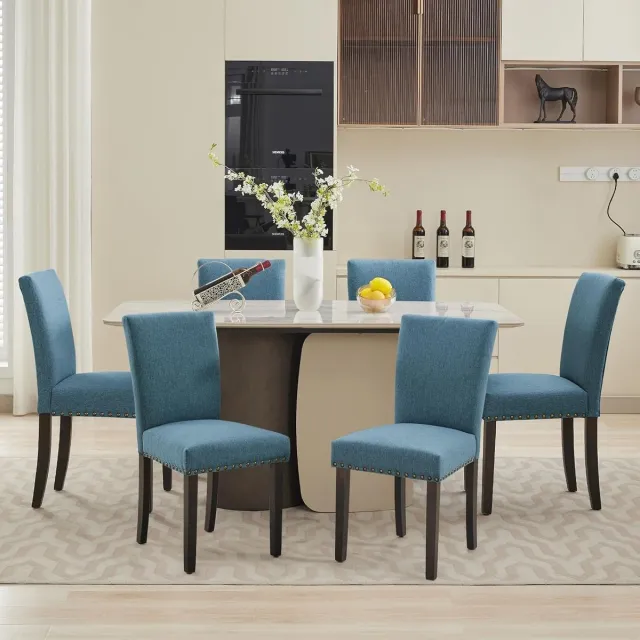 HOERFURIY Eetkamerstoelen Set van 6 - Parsons Stoelen Linnen Hout Nagels 136kg Blauw