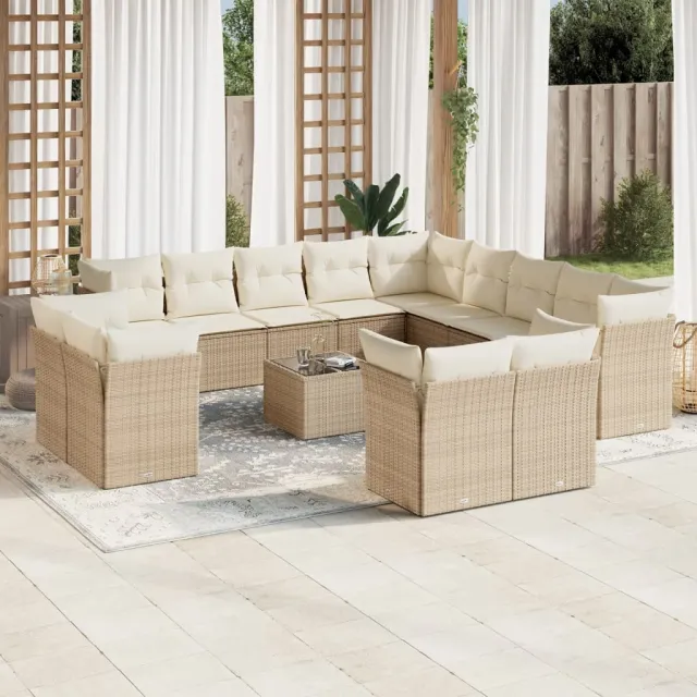 vidaXL 14-delige Loungeset met kussens poly rattan beige, foto 2