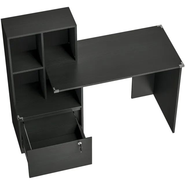 OKWISH Computerbureau Met Boekenkast En Afsluitbare Lade 126 X 50 X 109 Cm Zwart Spaanplaat Voor Werken En Studeren