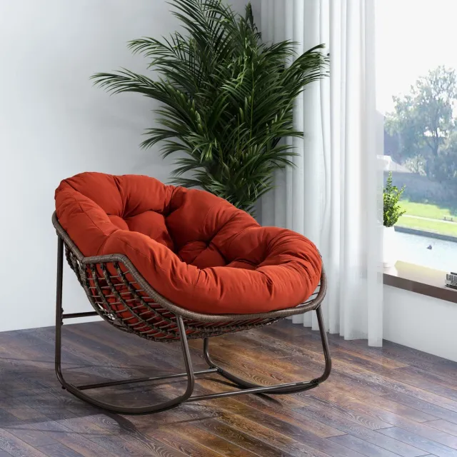 MEUNIQ Rotan schommelstoel met gewatteerd oranje kussen, stalen frame en armleuningen, 106 x 90 x 78 cm, voor terras, tuin en woonkamer