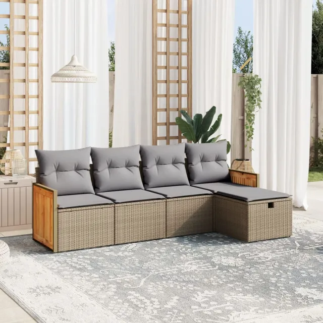 vidaXL 5-delige Loungeset met kussens poly rattan gemengd beige, foto 2