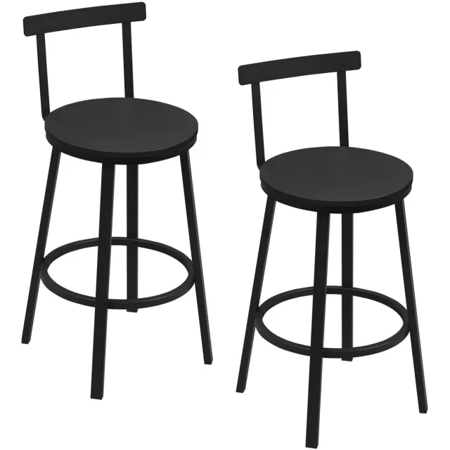 BukkitBow Set van 2 Industriële Barkrukken - Houten Zitting - Met Rugleuning & Voetsteun - Stalen Frame - Keuken & Eetkamer - Zwart