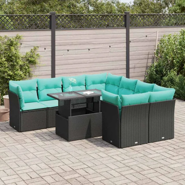 vidaXL 9-delige Loungeset met kussens poly rattan acacia zwart, foto 2