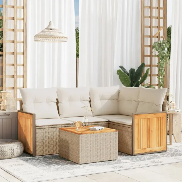 vidaXL 5-delige Loungeset met kussens poly rattan beige, foto 2