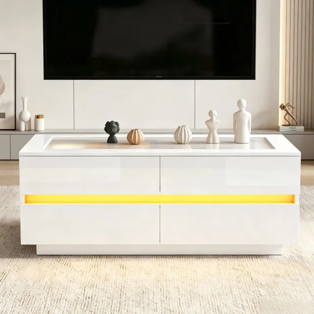 MIVRAY Salontafel - Witte Koffietafel Met 4 Lades En LED-Verlichting - Voor Woonkamer - Spaanplaat En Glas - 100x50x40 Cm