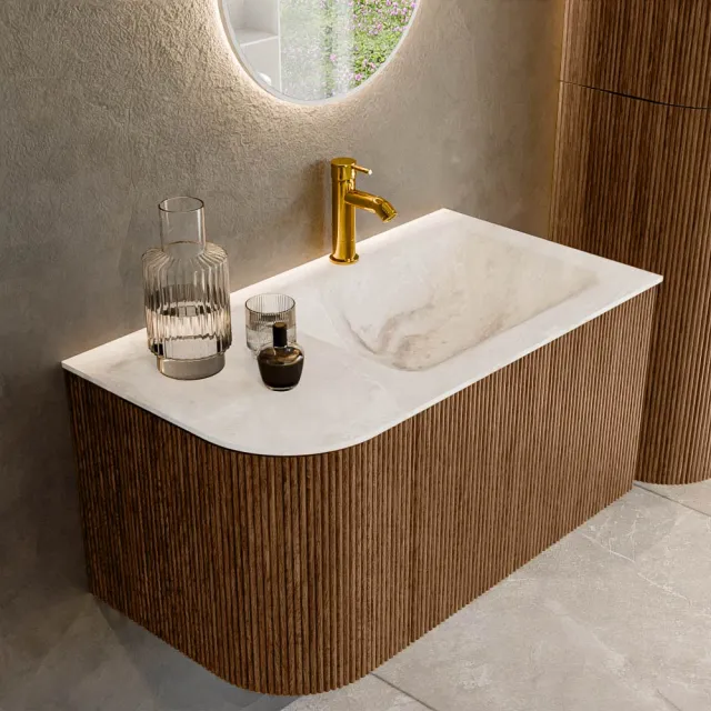Mondiaz KURVE-DLUX 85 cm Onderkast Greeploos 1 Lade Met Deuren Walnut, Wastafel Solid Surface Rechts Frappe 1 Kraangat Zonder Spiegel (KRVCLO85L1L1D1KR-Wal/Fra)