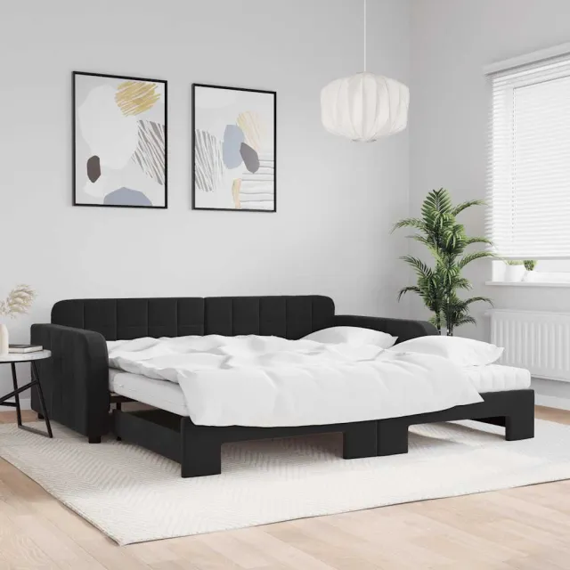 vidaXL Slaapbank onderschuifbed en matrassen 100x200 cm fluweel zwart