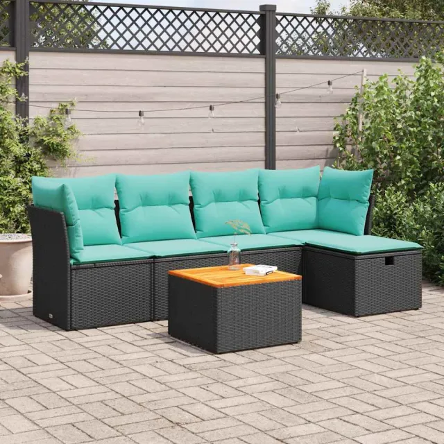 vidaXL 6-delige Loungeset met kussens poly rattan zwart, foto 2