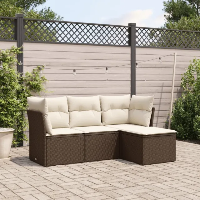 vidaXL 4-delige Loungeset met kussens poly rattan bruin, foto 2