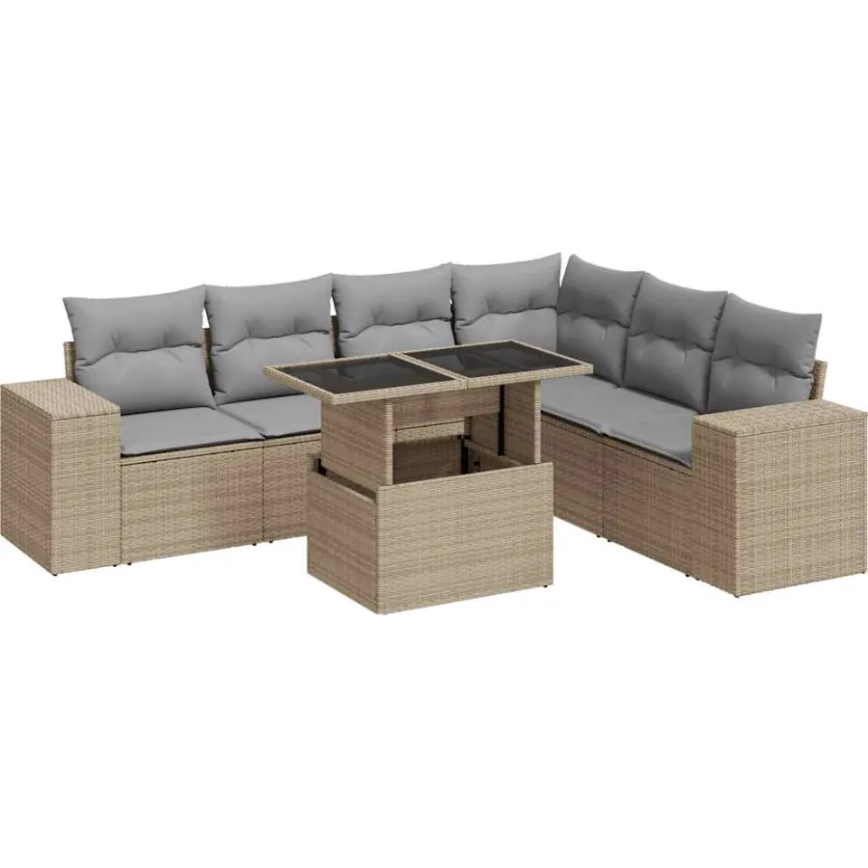 vidaXL 7-delige Loungeset met kussens poly rattan beige, foto 3
