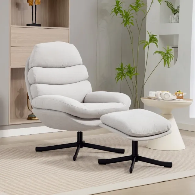 HAUSS SPOLE Relaxfauteuil - Met Hocker - 360 Graden Draaibaar - Voor Woonkamer En Leeshoek - Chenille Stof - Cremewit Crèmewit