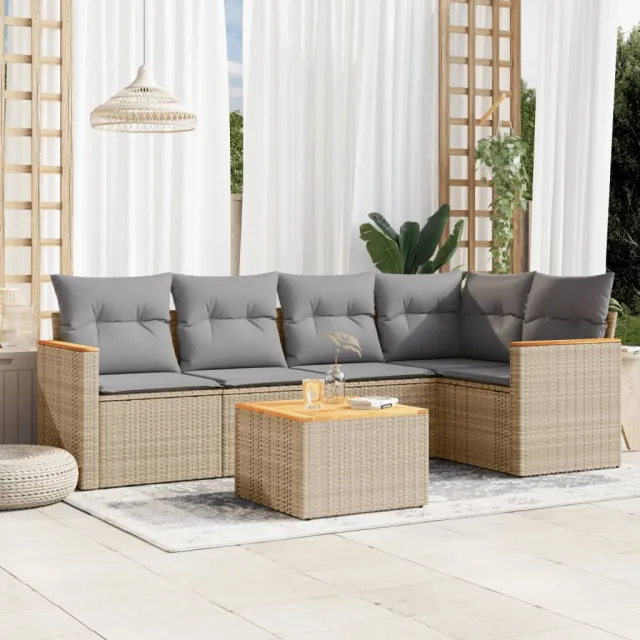 vidaXL 6-delige Loungeset met kussens poly rattan beige, foto 2