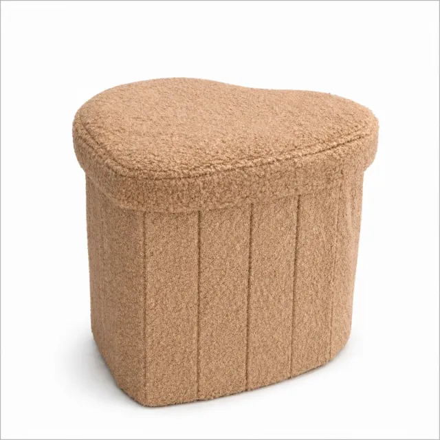 LUXALIVING Opbergpoef Hart Wit – Teddy Stof – Opvouwbare Hocker met Opbergruimte en Deksel – Voetenbank Warm beige / zandkleur / licht caramel