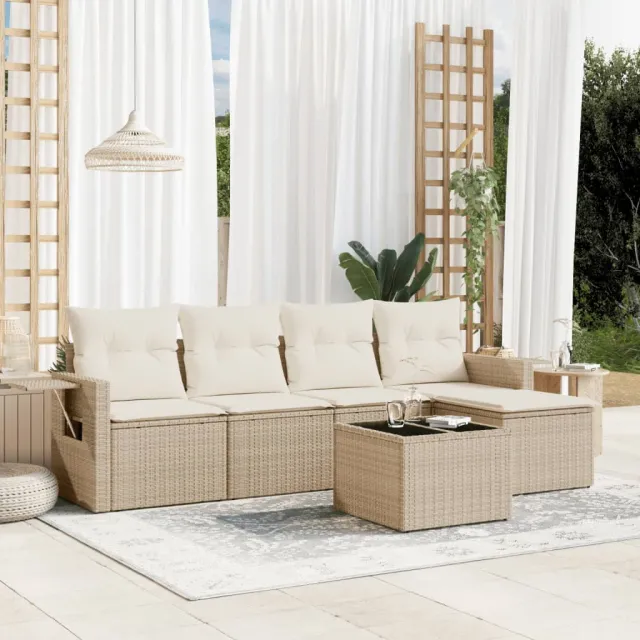 vidaXL 6-delige Loungeset met kussens poly rattan beige, foto 2