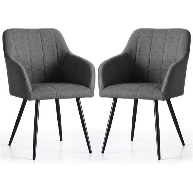 Akord Set van 2 Eetkamerstoelen LUXANO met Armleuningen / Gestoffeerde Stoelen en Metalen Poten / Lumos-stof / Antraciet met zwarte benen