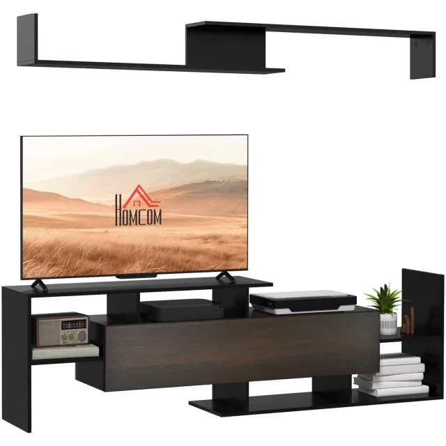 Lunpog TV-meubel-laag kastje- tv-bank- tv-standaard met open vakken en planken- 153.6 x 25 x 42 cm - Zwart en donkerbruin