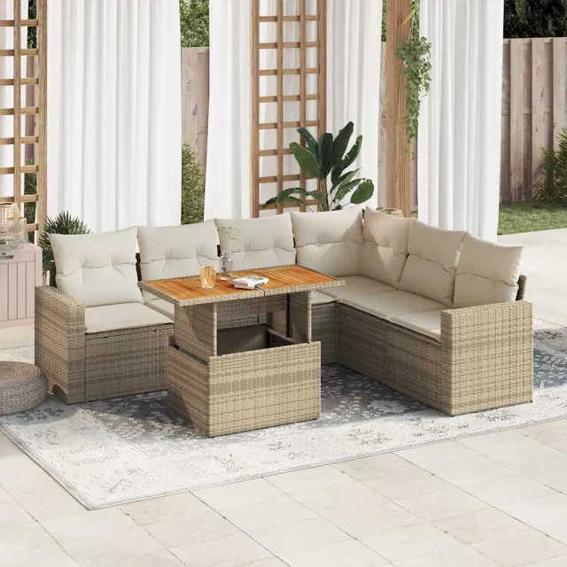 vidaXL 7-delige Loungeset met kussens poly rattan beige, foto 2