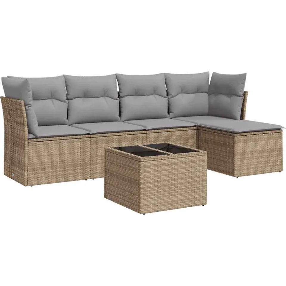 vidaXL 6-delige Loungeset met kussens poly rattan beige