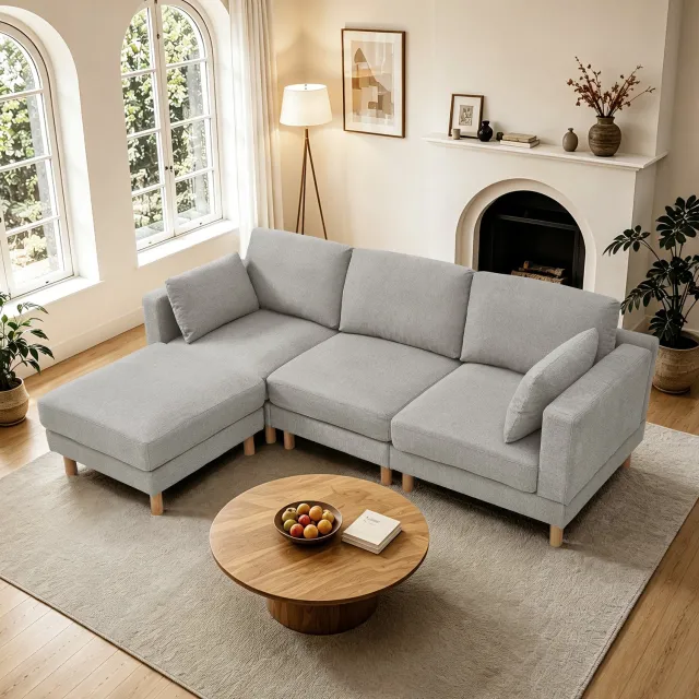 Wishdor 3-zits hoekbank met hocker - Chaise longue links of rechts - Twee sierkussens en pocketveren - Scandinavische stijl - Woonkamer - Polyester met houten poten - Lichtgrijs - 235 x 152 x 78 cm