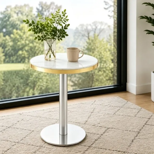 MIVRAY Bijzettafel - Ronde Tafel Met Marmerlook En Gouden Rand - Modern Voor Woonkamer Slaapkamer Of Balkon - MDF Metaal - 60x73,7 Cm - Wit