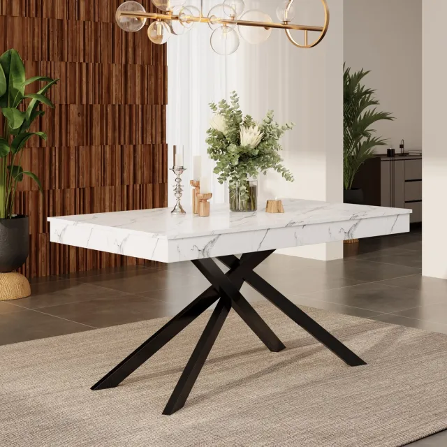 Sweiko Uitschuifbare Eettafel - 140/180 x 80 cm - Marmerlook - Versterkt tafelblad - Metalen poten - Wit