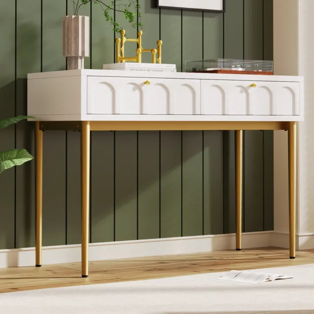 Wishdor Kaptafel - 2 Laden - Gebogen Ladefronten - Klassiek - Voor Slaapkamer - Hout En Metaal - Crèmewit - 100 X 45 X 76,5 Cm Crèmekleurig