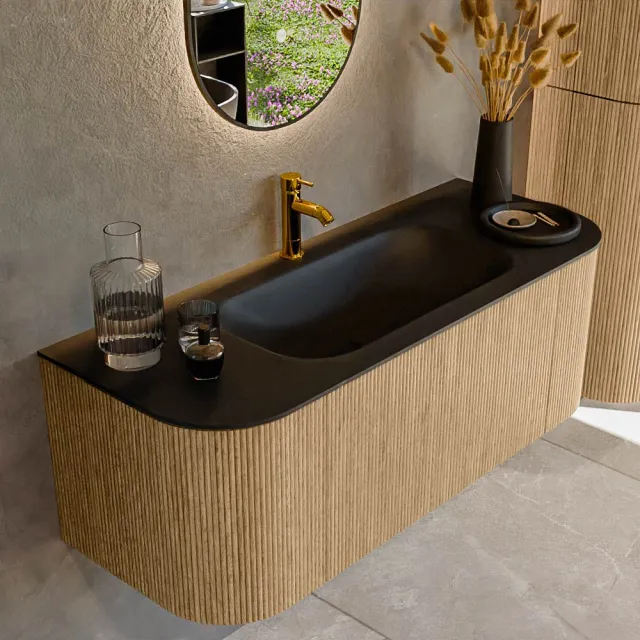 Mondiaz KURVE 120 cm Onderkast Greeploos 1 Lade Met Deuren Oak, Wastafel Solid Surface Midden Urban 1 Kraangat Zonder Spiegel (KRVBGS120L+R1L2D1KM-Oak/Urb)