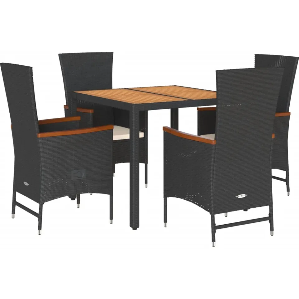 vidaXL 5-delige Tuinset met kussens poly rattan zwart