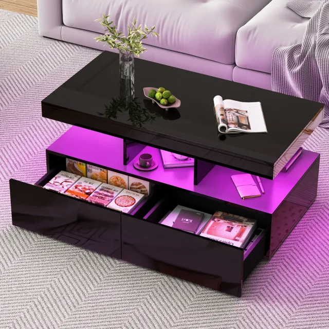 Yelenaro Hoogglans Salontafel met LED-verlichting, koffietafel met 2 lades, met Open Planken, 104x53x46cm, Zwart