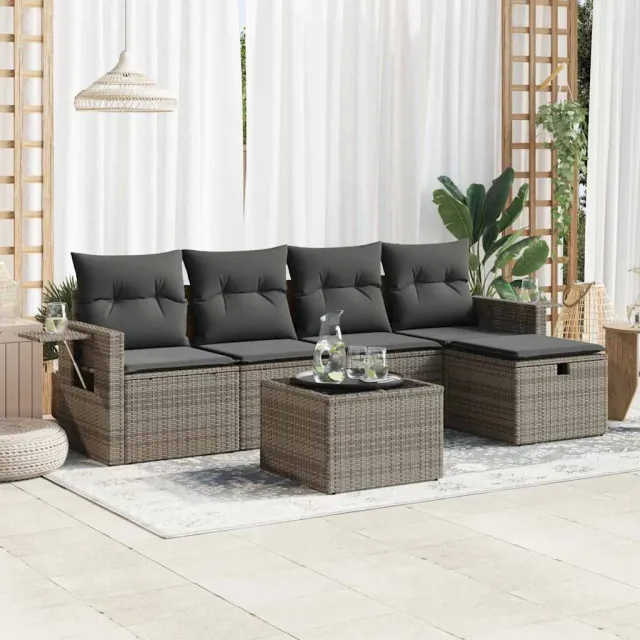 vidaXL 6-delige Loungeset met kussens poly rattan grijs, foto 2