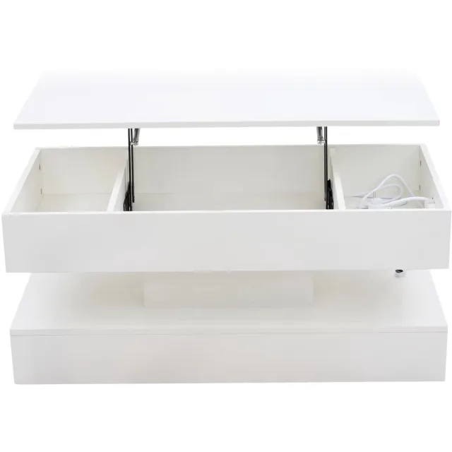 Happiq Salontafel 100x50x42 cm - Moderne Koffietafel met LED Verlichting en Verborgen - WIT - Hydraulisch Liftmechanisme