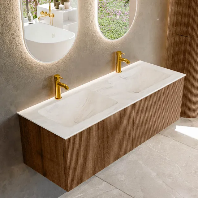 Mondiaz KURVE-DLUX 130 cm Onderkast Greeploos 2 Lades Zonder Deuren Walnut, Wastafel Solid Surface Dubbel Ostra 2 Kraangaten Zonder Spiegel (KRVLEA1302L0D2KD-Wal/Ost)