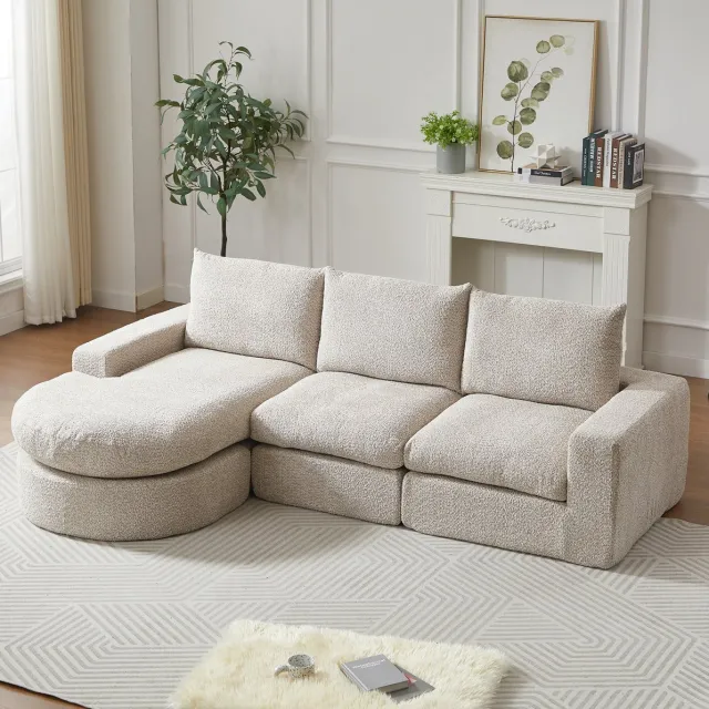 DESMIU Hoekbank 250 Cm - Modulaire 3-Zits Met Verstelbare Chaise Longue En Zachte Kussens - Voor Woonkamer - Chenille - Beige