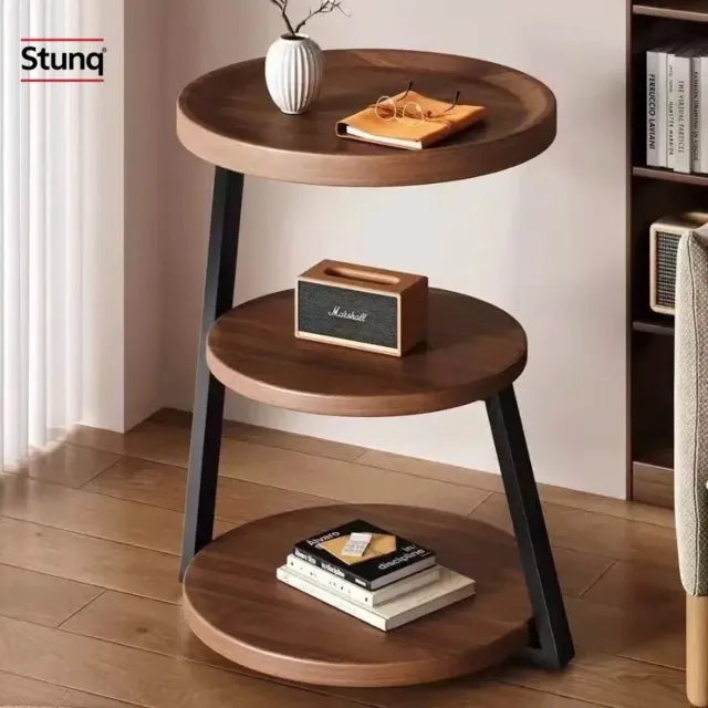 Stunq 3-laags nachtkastje & bijzettafel, rond, walnootbruin, zwarte poten