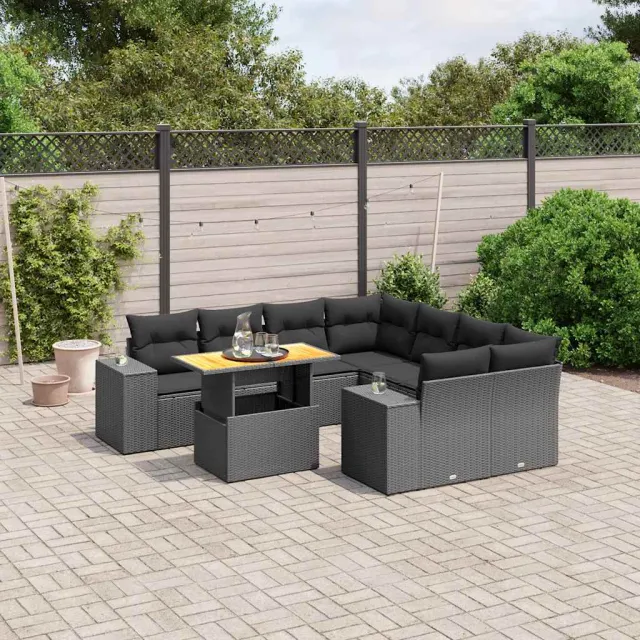vidaXL 9-delige Loungeset met kussens poly rattan zwart, foto 2