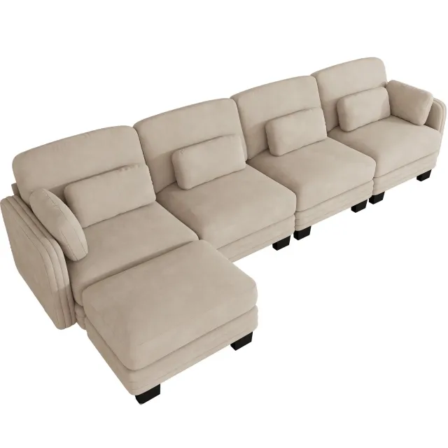 Wishdor 4-zits hoekbank - Modulair met losse hocker - Verplaatsbare lendenkussens en armkussens - Chenille bekleding met pocketvering - Voor woonkamer en appartement - Lichtbruin - 330 x 143 x 88 cm