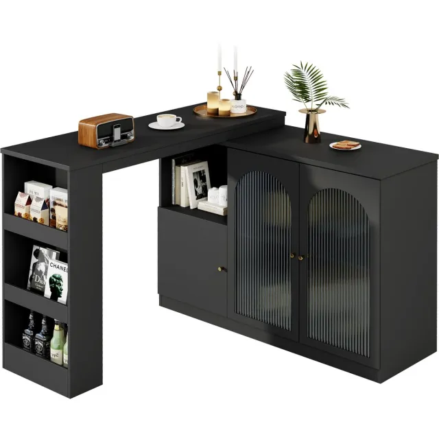 Merax Roterende Bartafel 120x40x97 cm – Zwarte Barkast met Glazen Deuren – 360° Draaibaar – Moderne Opbergkast met Open Vakken