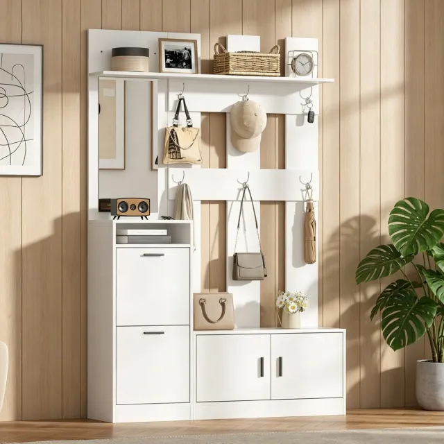 HAUSS SPOLE Schoenenkast - Entreekast Met Spiegel En Haken - Opbergruimte Voor Hal En Ingang - MDF - 120 x 30 x 180 Cm - Wit