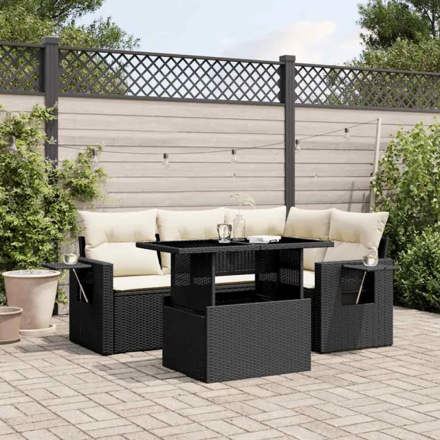 vidaXL 5-delige Loungeset met kussens poly rattan zwart, foto 2
