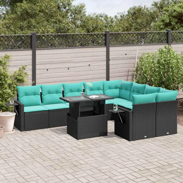 vidaXL 10-delige tuinbankset met kussens van zwart polyrotan, foto 2