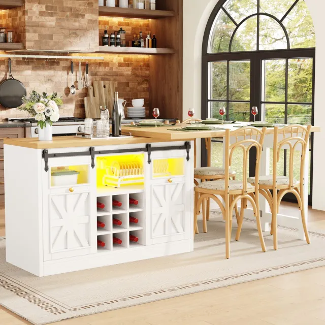 STILVORA Multifunctionele Eettafel - Uitschuifbaar En 360 Graden Draaibaar - Kookeiland Met Kast - MDF En Glas - 120-197x40x72 Cm - Wit