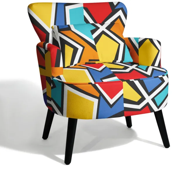 Homemiyn Fauteuil, geometrische print accent stoel met linnenlook bekleding, comfortabele lounge stoel met armleuningen en houten poten voor woonkamer slaapkamer leeshoek Geometrische blokken