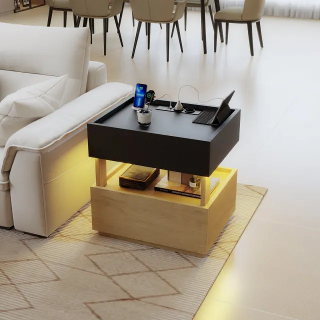 OKWISH Nachtkastje - Draadloos Opladen En LED-Verlichting - Voor Slaapkamer Of Naast Bank - Houtlook En Zwart - 50 x 40 x 50 cm Naturel