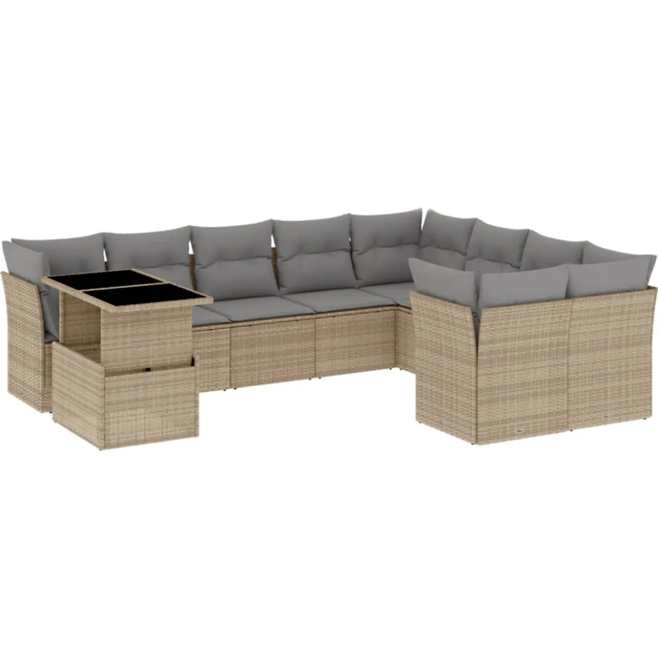 vidaXL 10-delige Loungeset met kussens poly rattan beige