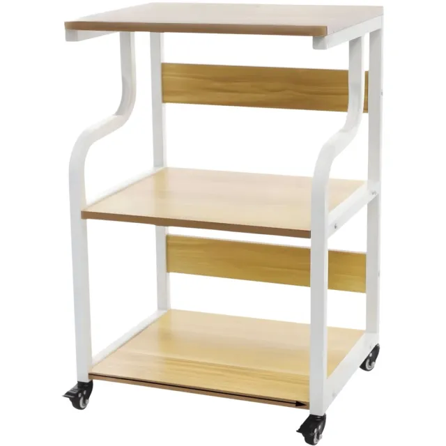 Happiq Printerstandaard – Voor Thuiskantoor – 3-laags met Opbergplank en Zwenkwielen, Afmetingen 50×40×75 cm – Metaal/Spaanplaat, Zwart Wit + Licht walnoot