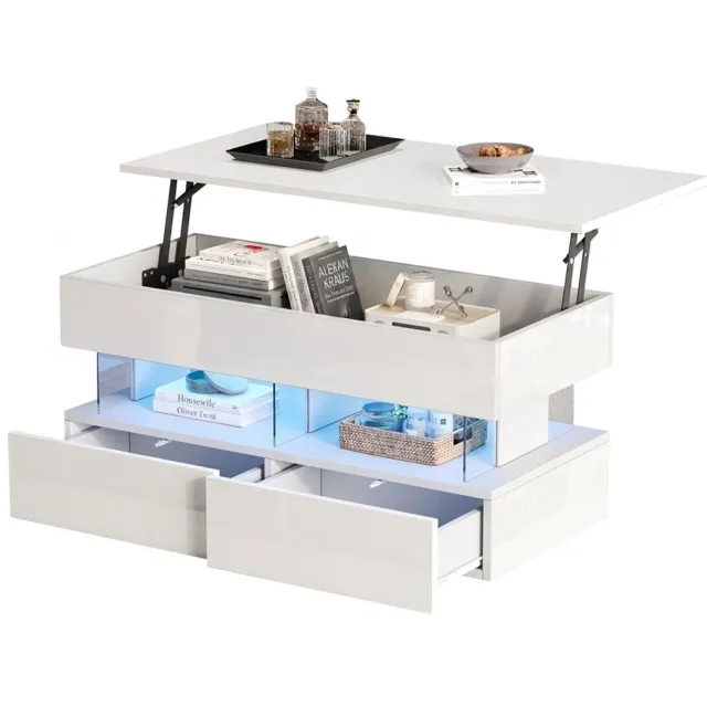 Rolipo Verstelbare salontafel wit – 100 x 50 x 46 cm – Hoogglans, ledverlichting, 2 laden en verborgen opbergruimte