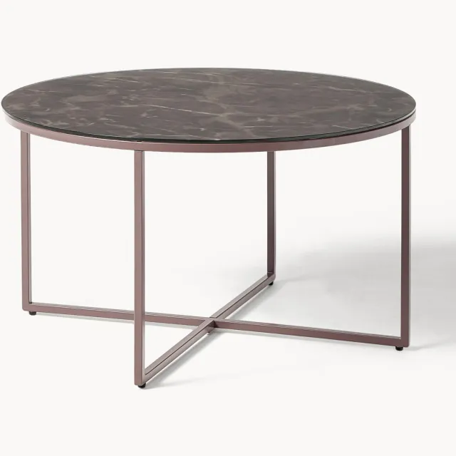 Westwing Collection Ronde salontafel Antigua met glazen tafelblad in marmerlook Taupe