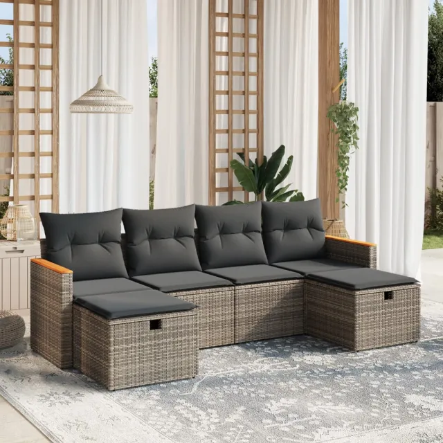vidaXL 6-delige Loungeset met kussens poly rattan grijs, foto 2
