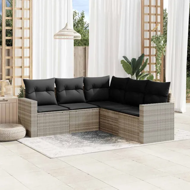vidaXL 5-delige Loungeset met kussens poly rattan lichtgrijs grijs, foto 2